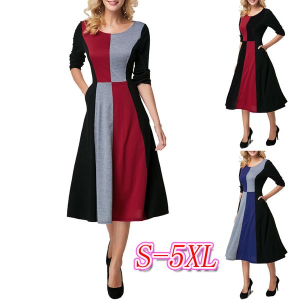 

женское дизайнерское платье с круглым вырезом, длинным рукавом, контрастным цветом, высокой талией, трапецией, большой качающейся средней юб, Black;gray