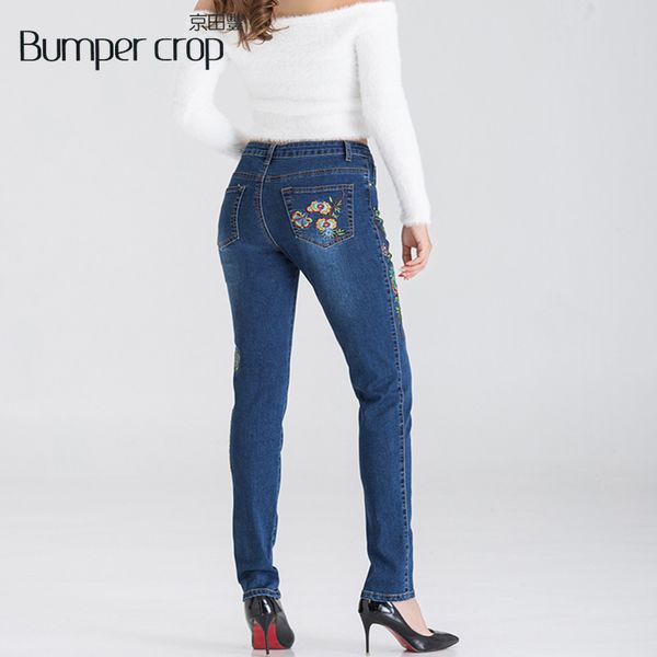 

bumpercrop woman embroidery fashion jeans high waisted denim india folk skinny straight full length 2019 summer bird flower new, Blue