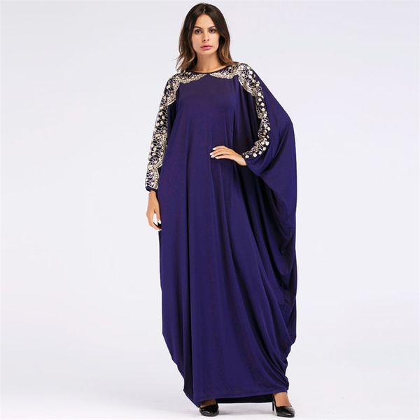 

fashion sequined batwing sleeves dubai kaftan maxi long navy blue abaya large size muslim islamic dress evening moslim jurken, Red