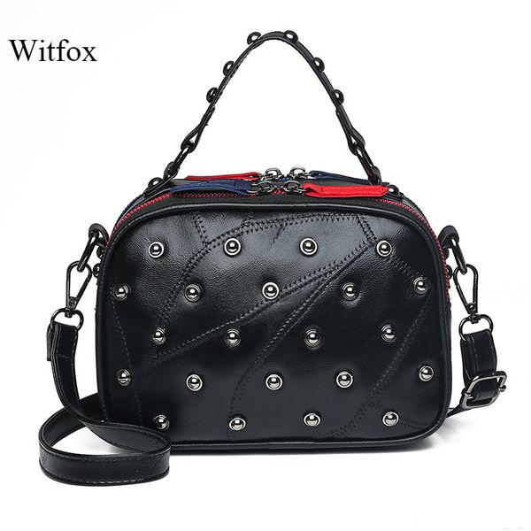 

witfox 100% genuine leather dot rivet handbag for women punk style boston ladies tote panelled double-sided zipper shoulder bag