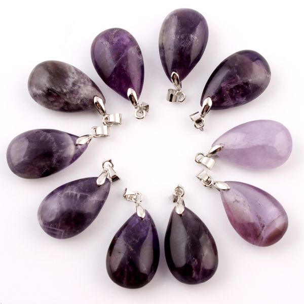 

10pcs/lot amethysts natural stone water drop pendants blue point pendulum crystal chakra healing reiki beads pouch, Silver