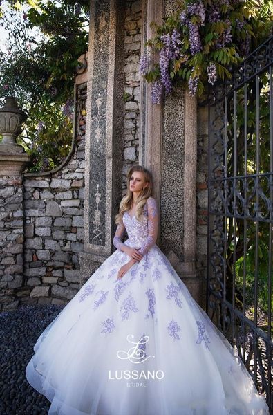 2022 deslumbrante lavanda ilusão corpetes uma linha vestidos de casamento sheer pescoço mangas compridas rendas appliqued praia vestidos de noiva personalizado ma2837