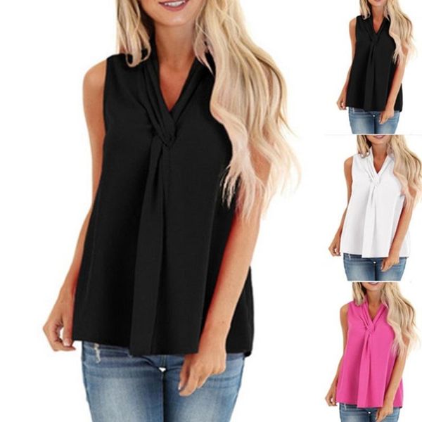 

мода шифон майки твердые свободные крест v-образным вырезом топы женская футболка сексуальная повседневная лето дамы жилет женский blusas, White