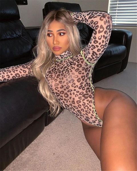 

hirigin women long sleeve leoaprd print bodysuit rompers jumpsuit mesh see through turtlenck bodysuit clubwear outwear new, Black;white