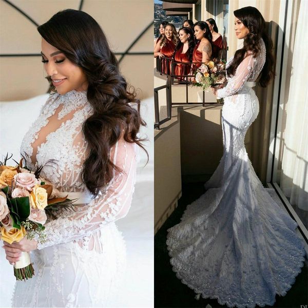 

2020 lace mermaid wedding dresses with sequins long sleeve bridal wedding gowns illusion gorgeous vestidos de novia, White