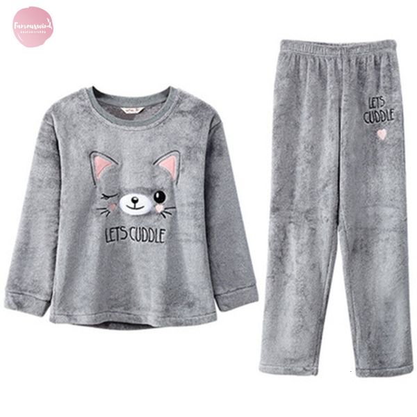 

2piece костюм пижама зима вышивка cat женщина толстой теплая фланель стежка homewear top homewear одежда сыпучий размер, Black;red