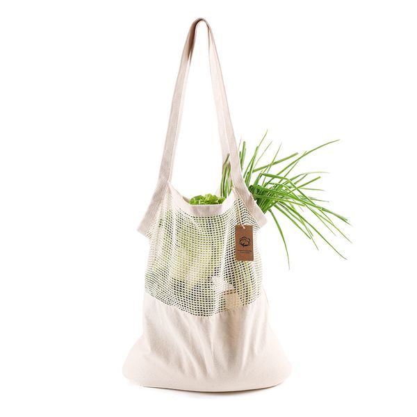 

hanging baskets cotton mesh shopping bag long handle net tote organic splicing string for fruit vegetable resuable joint