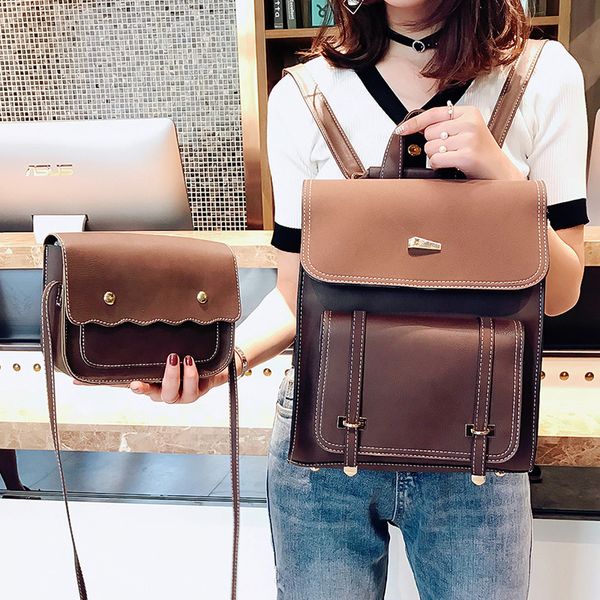 

two sets fashion women backpack pu leather backpacks teenage girls female school backpack shoulder bag