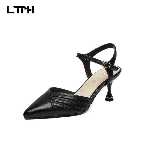 

020 summer new simple temperament pointed small high-heeled sandals leather half bag women's shoes high heels pu, Black