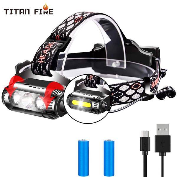 

10000 люмен t6 xpe led фара 2 sides вращающиеся 3 источник света 8 режимы multi-function usb cob фара