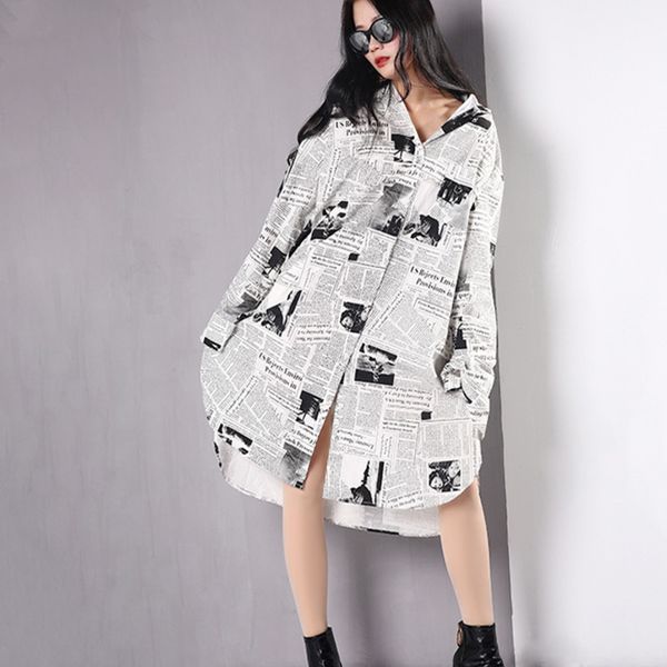 

2020 spring summer women irregular dollars newspaper print dress long lseeve casual female loose clothes long shirt jacket, Black;gray
