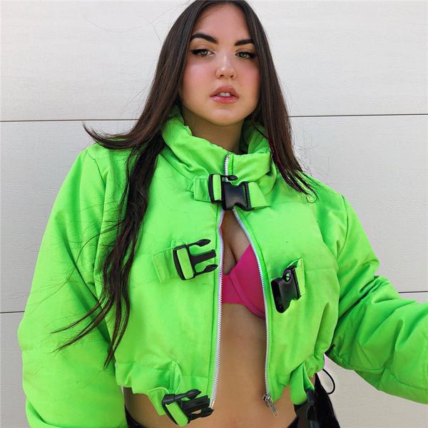 

fashion neon winter jacket women parka coat turtleneck buckle pu leather women's down jacket outwear warm coats 2019, Black;brown