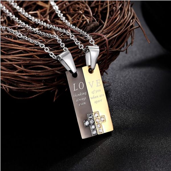 

designer hip hop stainless steel diamond couple love necklace pendant jewelry fashion personality stainless steel couple pendant jewelry, Silver