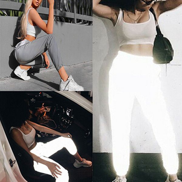 

fashion women reflective leggings trousers flash reflective jogger pants autumn winter solid color loose casual street wear, Black;white