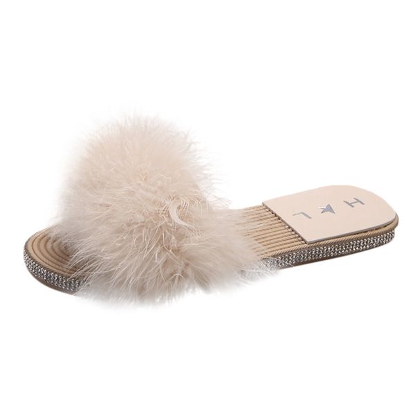 

vogue casual shoes women feet flat shoe summer non-slip artificial hair slippers fashion feather round toe princess shoe may 27, Black