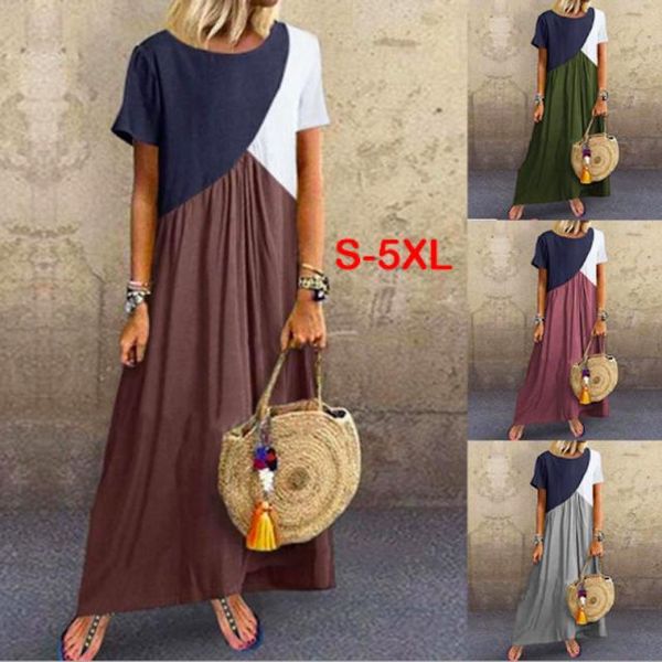 

2020 summer dress Women Vintage Print Patchwork O-Neck Loose Maxi Dress BM0773
