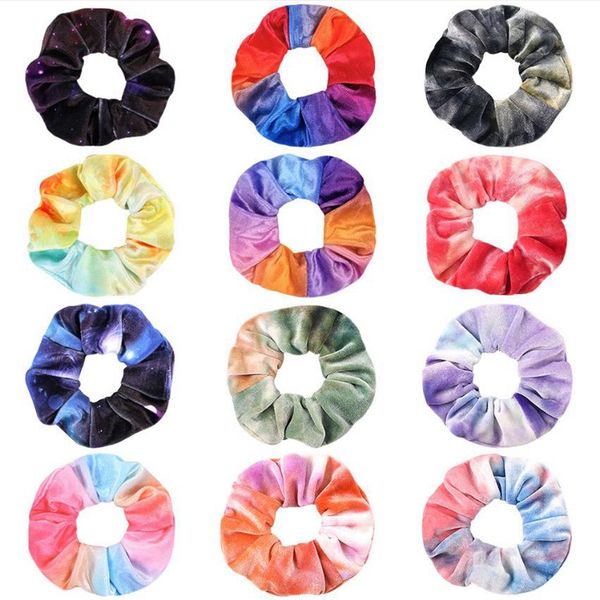 Velvet Hair Scrunchies Tie Dye Hair Band Stretchy Rainbow