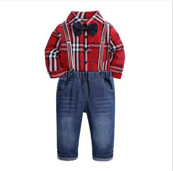 

Toddler Kid Baby Boys Clothes Sets Gentleman Striped Long Sleeve Shirt T-shirt Top Bib Pants Overall Clothes Outfit, Red