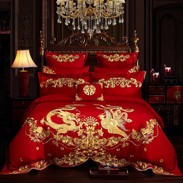 

4/6/9 pcs dragon phoenix bedding set wedding bedding red bed set bed cover/sheet long-staple cotton duvet cover