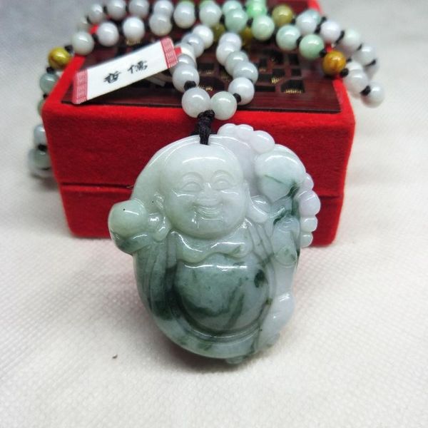 

zheru jewelry pure natural jadeite two-color stereo laughing buddha pendant tri-color bead necklace send a-class certificate, Silver