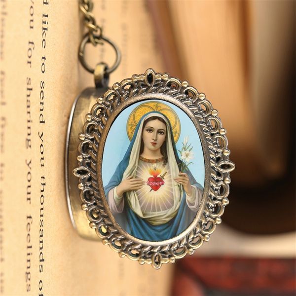

elegant immaculate heart of mary necklace pocket watch retro bronze full souvenir pendant clock gifts for lady women relo, Slivery;golden