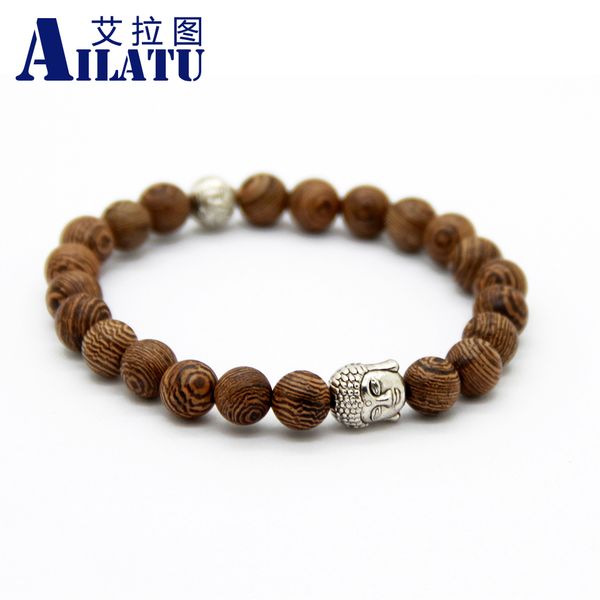 

ailatu 100% natural wood jewelry wholesale 12 pieces/lot buddha head beads prayer mala bracelet, Golden;silver