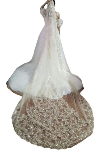 

2019 selling 3m sequins wedding veils long lace appliqued cathedral length white ivory bridal veils with comb luxury wedding veil, Black