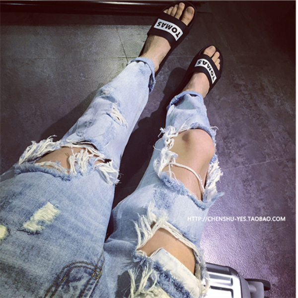 

28-42 big ripped jeans trendy men exaggerated trend wild cropped pants oversized super ripped personality nightclub, Blue