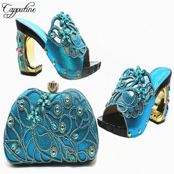 

capputine african rhinestones slipper shoes and bag set italian fashion shoes with matching bags and party, Black