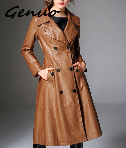 

genuo new cool leather long jacket 2019 new spring women loose belt pu leather windbreaker trench coat slim autumn jacket ns939, Black