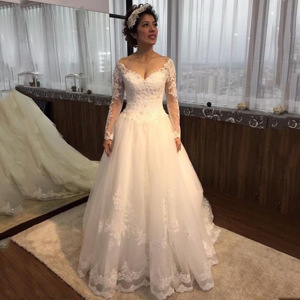 

custom long sleeves lace wedding dresses 2020 beaded appliques court train tulle a line wedding bridal gowns plus size, White