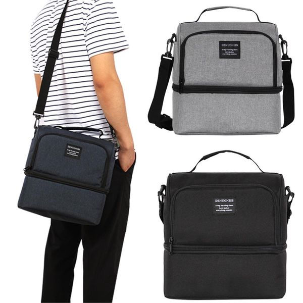 

double decker cooler lunch bags insulated solid thermal lunchbox picnic bag multifunction cooler tote handbag for men women, Blue;pink