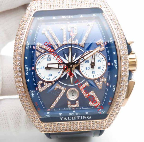 

men's products vanguard 44mm watch 7750 valjoux automatic movement with functional chronograph blue dial exploded numerals diamonds 18k, Slivery;brown