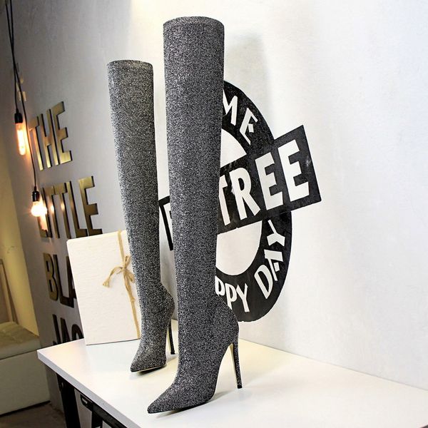 

women high heels over the knee high boots shiny bling winter warm dancing shoes ladies party dress wedding boots woman, Black