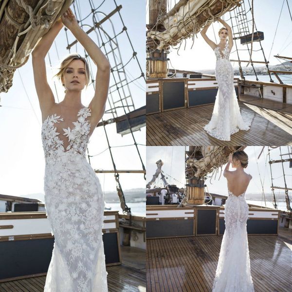 

2020 lian rokman mermaid wedding dresses sheer jewel neck lace appliqued backless robes de mariÃ©e custom made country bridal gowns, White
