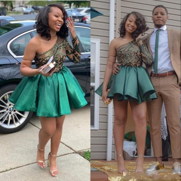 

new hunter green lace homecoming dresses 2020 one shoulder long sleeve short prom gowns pleated satin cocktail dress cheap