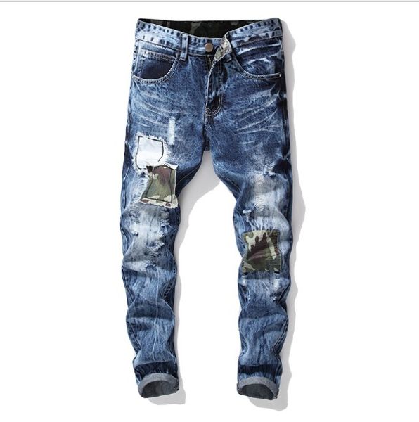 

mens denim jeans biker fashion washed embroidery badge straight fashion jeans large size ing, Blue