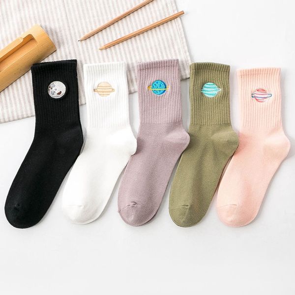 

embroidered crew cotton women socks 2019 autumn winter new trend motion solid color cute planet fashion style socks women, Black;white