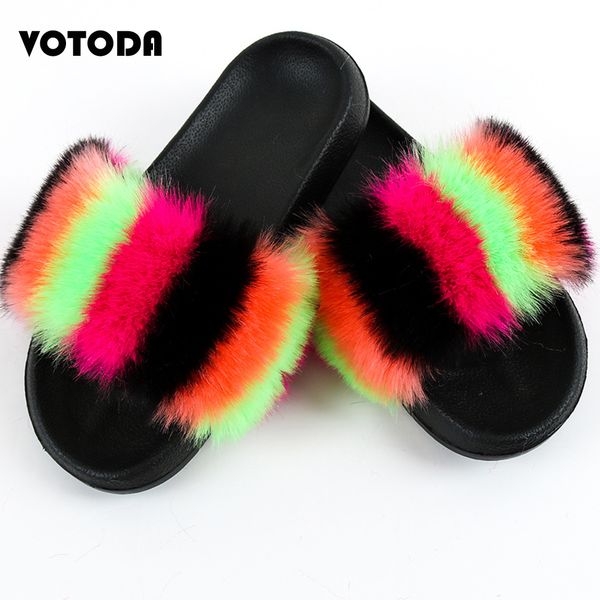 

summer women fur slippers plush faux fox hair slides ladies rainbow color flat fluffy flip flops fashion open toe beach sandals, Black
