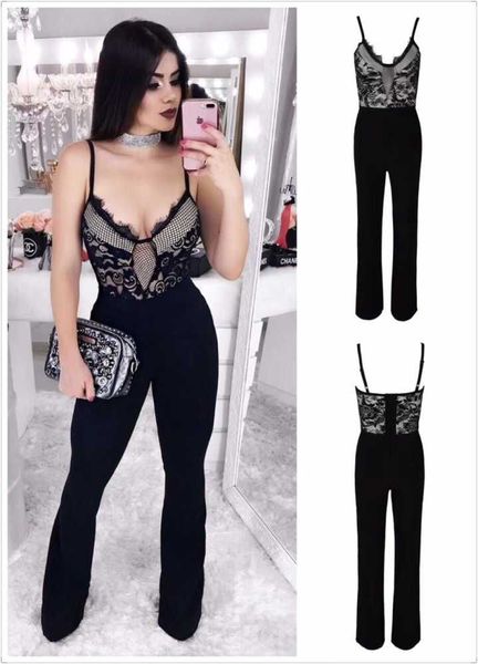 

elegant women 2018 black v neck spaghetti strap sleeveless bodycon bandage jumpsuits wholesale, Black;white