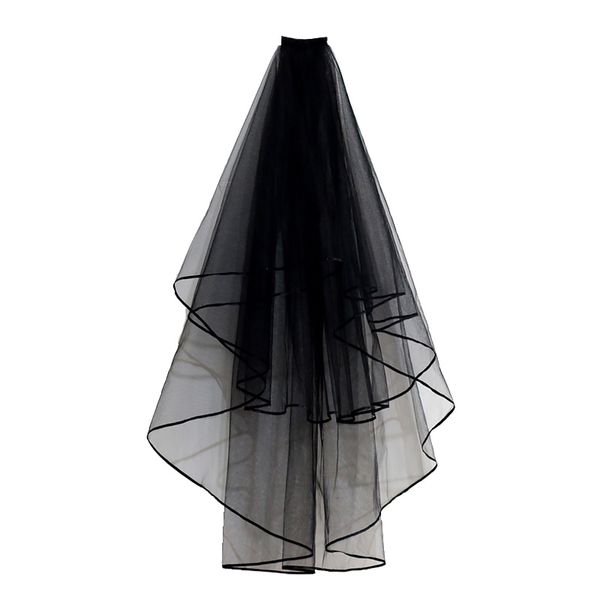 Véus de noiva pretos com pente duas camadas de fita curta borda de casamento véu de ombro tule macio