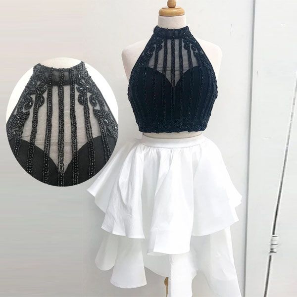 

chic high neck black and white prom dresses with tiered skirt two piece homecoming dresses with major beading cocktail party dresses, Blue;pink