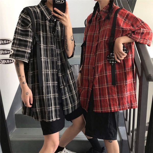 

summer cotton plaid shirt men's fashion couple shirt retro casual men streetwear wild loose short sleeve shirts mens, White;black