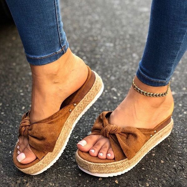 

2020 women bowknot slippers summer sandals peep toe platform casual beach flip flops female slides sandalia feminina, Black