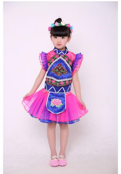 

miao clothes chinese folk dance children miao dance costumes hmong clothing stage costume traditional chinese costume, Black;red