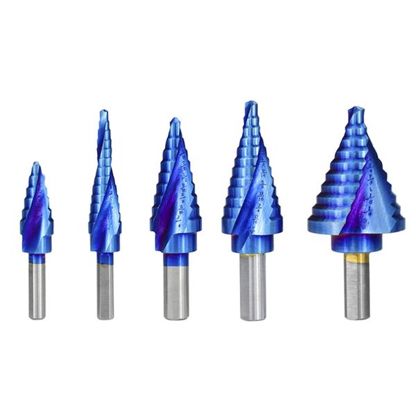 

5 pcs step drill bit set blue coated hole cutter triple-cornered shank pagoda drill