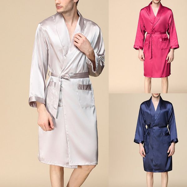 

summer men fashion solid bathrobe sleepwear pajamas faux silk kimono robe casual long sleeve cardigan clothing robe male plus, Black;brown