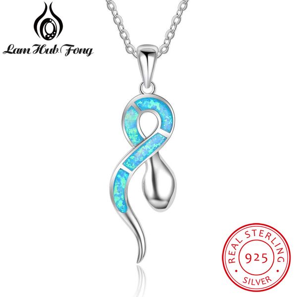 

real 925 sterling silver snake pendant necklace for women blue opal chain necklace party jewelry accessories (lam hub fong
