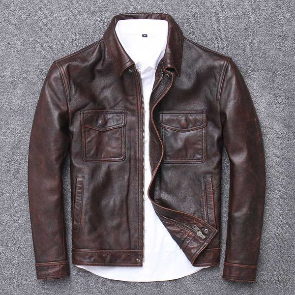 

cow genuine men real leather coat spring and autumn slim short casual long sleeve jacket popular 2020 u-2820, Black