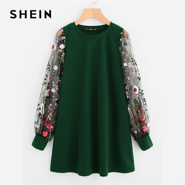 

shein green preppy elegant botanical embroidered mesh sleeve longline pullover sweatshirt autumn casual campus women sweatshirts, Black